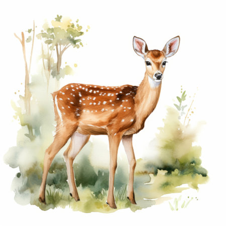 deer watercolor clipart with intricate dappled pattern, ideal for digital painting, paper crafting, and more. detailed and beautiful, this illustration showcases a white background and is free from any signature or text. perfect for adding a touch of nature to your creative projects. ai generatedの素材