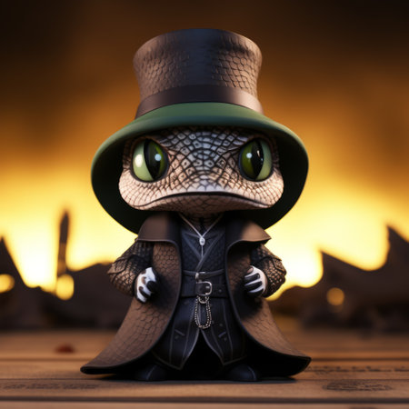 wooden toy lizard wearing a top hat, captured in stunning 32k uhd resolution. this gothic-inspired art piece features mysterious backdrops and intricate crosshatched shading. with its dark silver and dark emerald color palette, this cartoonish character design exudes a touch of dc comics charm. ai generatedの素材