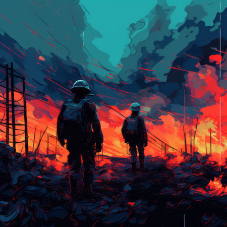 a firefighter art piece depicting a post-apocalyptic landscape in dark cyan and sky-blue hues. the artwork showcases a flat perspective with linear illustrations, reminiscent of post-world war ii art. this fire-themed hd wallpaper captures the intensity and fiery nature of the scene, making it a captivating addition to any collection. ai generatedの素材