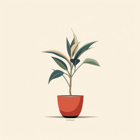 a flower in a pot stands against a brown background, showcasing a simple and colorful illustration style. the image exudes an ominous vibe with its light beige and red tones. the minimalistic and clean design highlights the highly detailed foliage, while soft gradients add depth. this image resembles the work of an architectural illustrator. ai generatedの素材