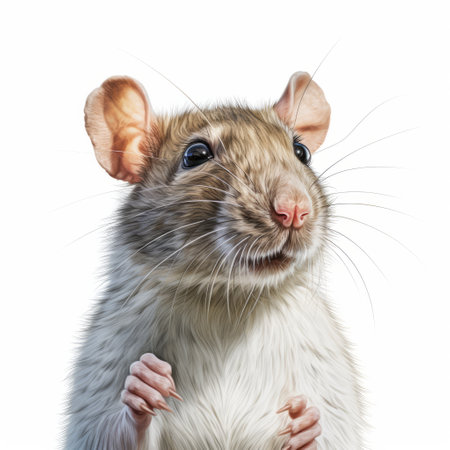 a white rat, depicted in a hyper-realistic style, sits in a playful pose. this colorful caricature showcases photorealistic detail, with high-key lighting emphasizing its detailed facial features. the image captures the rat's playful expressions, reminiscent of scientific illustrations. ai generatedの素材