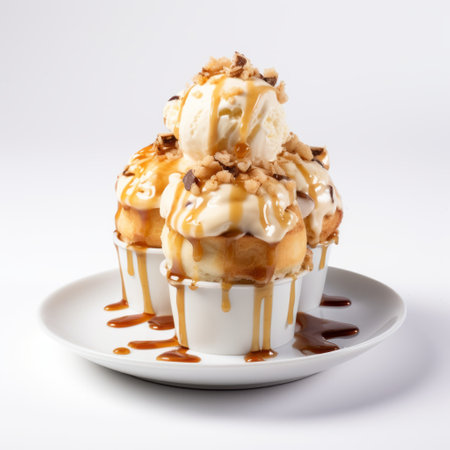 ice cream float on a white plate, resembling tangled nests, captured with a nikon d750. this photo showcases voluminous forms, with elements of kingcore and caninecore. the image is dynamic and action-packed, representing the unique style of the nul group. ai generatedの素材