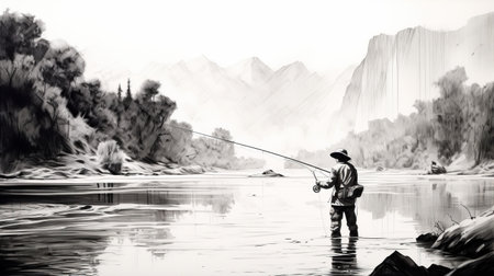a man fishing in a river near mountains, captured in a black and white realism style. the photo showcases the action painter technique with a focus on opacity and translucency. the clean and sharp inking enhances the high resolution and detailed character design. shot on ferrania p30 film. ai generatedの素材