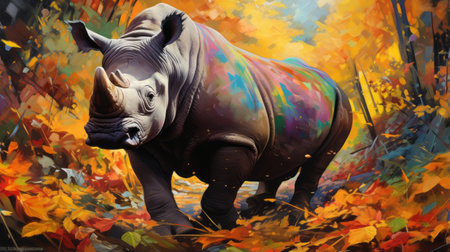 a vibrant spectrum colored painting of a rhino walking along a trail in a forest. this 3840x2160 resolution artwork, created in the style of kimoicore, features an earth tone color palette. the chilling creatures and neo-plasticism elements make it a contest winner. ai generatedの素材