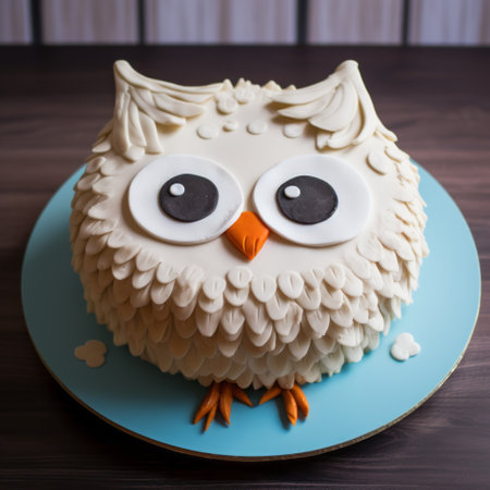 a cake shaped like an owl, featuring three intricately carved eyes. the cake is decorated in a light beige and light azure color scheme, with a low depth of field effect. this artistic creation draws inspiration from the works of ephraim moses lilien and oleksandr bogomazov. the image is available under the creative commons attribution license and showcases bold and dynamic characteristics of animals. aiの素材
