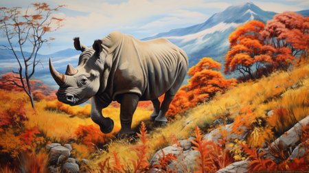 a realistic hyper-detailed painting of a rhino walking through a colorful hill. the artwork showcases vibrant murals in white and orange, with a style reminiscent of angura kei. the naturalism of the painting is evident in the realistic rendering of the rhino and the meticulous attention to detail. the resolution of the artwork is 3840x2160, making it visually captivating. ai generatedの素材