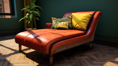 the chaise lounge features a sectional design with cushions, showcasing striated resin veins. this suburban ennui capturer is adorned in dark red and dark green hues, creating a captivating contrast. with high-speed sync lighting, the chaise lounge exhibits a rough edge aesthetic. this ultra hd, ultra-high-resolution image showcases the intricate details and ultra-realistic appearance of the chaise lounge. ai generatedの素材