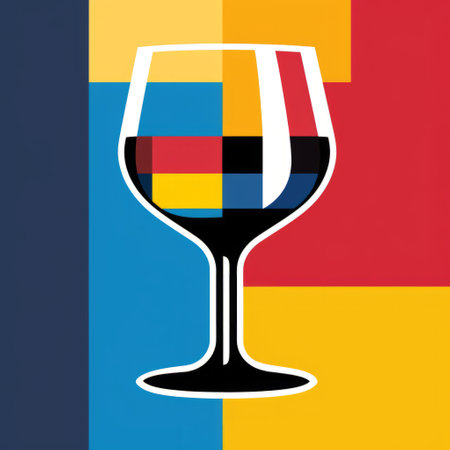 a glass of wine sits elegantly on a vibrant and colorful background, showcasing the influence of de stijl style. this political illustration draws inspiration from jusepe de ribera and americana iconography. the artwork exhibits varied brushwork techniques and a controlled color palette, creating a captivating piece of graphic art. ai generatedの素材