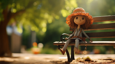 a fairy woman sits on a bench in a park, surrounded by vibrant orange and brown hues. the image, reminiscent of adorable toy sculptures, captures the joyful essence of a vincent van gogh painting. with a realistic portrayal and a depth of field, this enchanting scene is perfect for a captivating wallpaper. ai generatedの素材