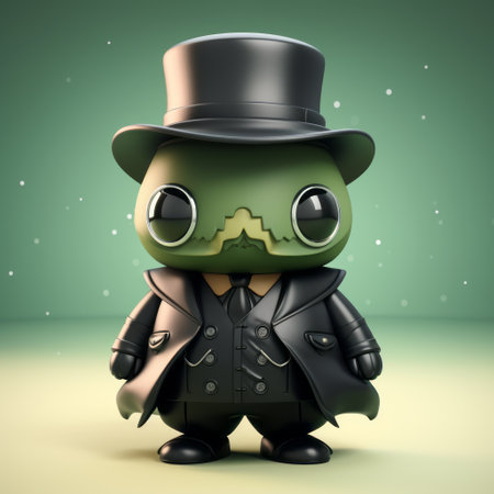 a small lovecraftian-style figurine, dressed in tight clothing, is depicted in this 32k uhd photo. the figurine showcases a colored cartoon style with dark green and light black tones, featuring soft gradients. the photo captures the essence of steampunk creatures and playful character design. ai generatedの素材