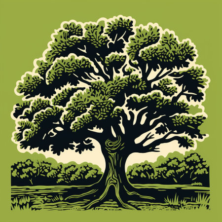 a minimalist linocut-style artwork of an oak tree, created with a single, continuous line. this one-color design uses negative space to highlight the simplicity and boldness of the oak's form. the artwork captures the essence of the oak tree with minimal detail, showcasing the power and elegance of linocut art. ai generatedの素材