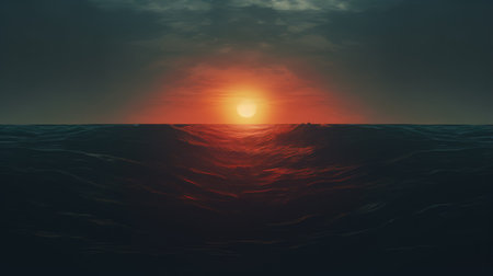 a person stands on top of a wave at sunset, with the sun casting a vibrant glow behind them. this photo, in the style of photosurrealist photorealism, showcases a dark cyan and red color palette. the uhd image captures realistic landscapes with soft, tonal colors, creating hauntingly beautiful illustrations. tilt-shift lenses enhance the dark and moody atmosphere of the landscape. ai generatedの素材
