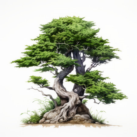 a realistic 3d print of a japanese manzano cherry tree, featuring a red jade color palette. this graphic illustration captures the essence of isolated landscapes with its dark white and green ink-wash style. the artwork also showcases fantastical creatures and imaginative elements, reminiscent of 2d game art. the concept art displays a harmonious blend of light brown and green tones. ai generatedの素材