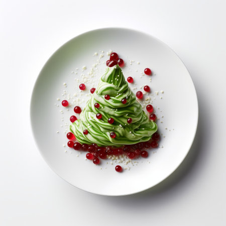 a swedish christmas cake featuring a vibrant green cream and adorned with a pomegranate bauble is beautifully presented on a white plate. this visually striking dessert, reminiscent of the style of mike campau, showcases vibrant colors and a unique spiral design. the matte photo, inspired by tsutomu nihei, adds a touch of artistic elegance to this delectable treat. ai generatedの素材