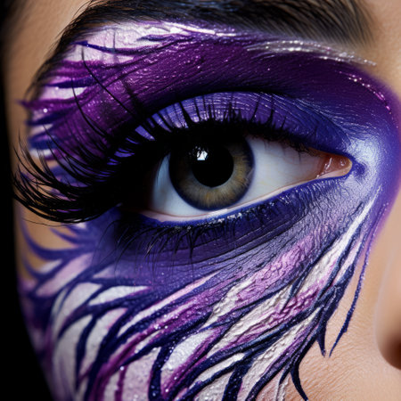 a close-up of a woman with purple paint, purple eyes, and eyelashes, resembling exotic birds. the dimensional illusion created by the dark purple and white colors adds a dynamic touch to the hand-painted details. this fashion photography captures the vibrant and captivating essence of the subject. the photo was taken with provia film, enhancing its visual appeal. ai generatedの素材