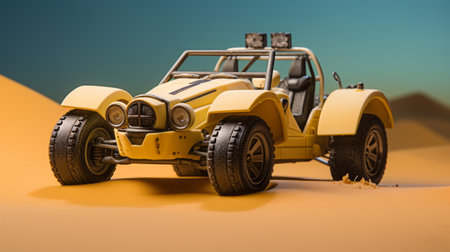 an orange jeep rides across the sandy dunes, showcasing its vibrant color and adventurous spirit. rendered in cinema4d, this detailed miniature captures the essence of industrial and product design. the yellow and beige tones complement the desert landscape, while the use of insects adds a unique touch. with the powerful rodenstock imagon 300mm f58 lens, every intricate detail is brought to life, making this photoの素材