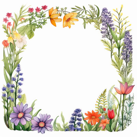 colorful watercolor floral frame featuring detailed botanical illustrations in the style of prairiecore. this joyful celebration of nature showcases the use of ephemeral materials and intricate miniatures. the serene compositions are presented in a flat composition, creating a visually captivating and vibrant image. ai generatedの素材