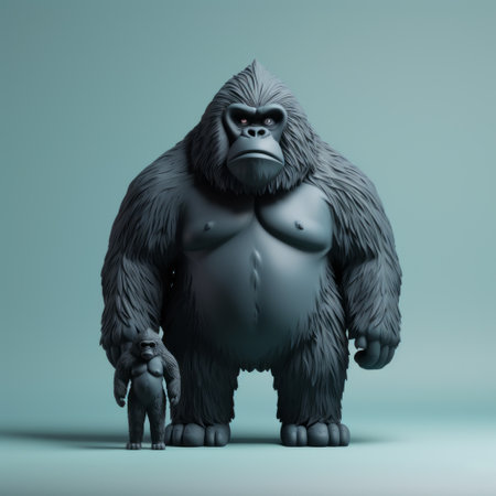 a black 3d gorilla and a tuxedo bear are depicted in this monochromatic zbrush artwork. the hard surface modeling technique brings out the intricate details of the figures. the monochromatic white color scheme adds depth and contrast to the composition. this unique piece explores brushwork and combines elements of junglepunk. shot on 70mm film for a stunning visual experience. ai generatedの素材