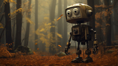 a small robot stands amidst a forest backdrop, with a striking golden-colored tree. the scene is beautifully rendered in the style of vray, reminiscent of seth macfarlane's artistic vision. the robot's surroundings feature a mix of dark amber and gray tones, with scattered rusty debris adding a touch of realism. this captivating image captures the essence of raymond briggs' storytelling, while also evoking a senseの素材