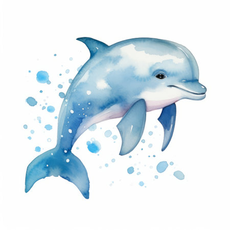 a cute blue dolphin with blue splashes floats gracefully on a white background, resembling a colorful ink wash painting. the artwork, inspired by the styles of patricia piccinini, emilia wilk, and magali villeneuve, showcases a unique character design. the use of light red and light aquamarine hues adds depth and dimension to the image, while the wet-on-wet blending technique creates a mesmerizing effect. ai generatedの素材