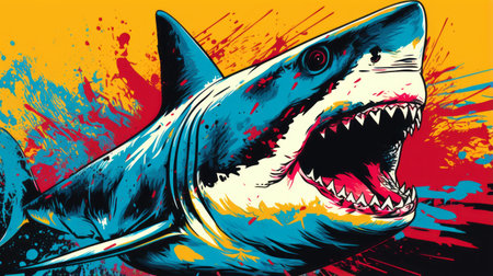 a captivating shark art wallpaper featuring free animal art images for desktop and mobile. this artwork is inspired by the styles of butcher billy and martiros saryan, with a psychedelic color palette of dark yellow and aquamarine. the large canvas format showcases the neo-expressionist intensity, while the infusion of pop culture adds an intriguing touch. ai generatedの素材