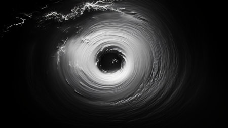 a mesmerizing black hole captured in a stunning photograph, showcasing swarms of swirling patterns. the monochrome toning adds a touch of elegance to the hyper-realistic water, while the dramatic atmospheric perspective creates a sense of depth. shot with a hasselblad h6d-400c, this national geographic photo exhibits a unique blend of distorted realism and a captivating birds-eye-view perspective. ai generatedの素材