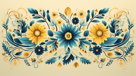 floral arrangement featuring blue flowers on a taupe background, inspired by mexican folklore. this uhd image by aleksandr deyneka showcases a light sky-blue and dark yellow color scheme. the elaborate borders and decorative backgrounds enhance the detailed character illustrations within the arrangement. ai generatedの素材