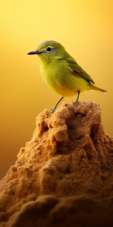 a small bird perched on a vibrant yellow rock, showcasing photorealistic fantasy elements. the image features a blend of light yellow and light green hues, achieved through ray tracing techniques. the composition incorporates desertwave aesthetics, with a focus on focus stacking and layered fibers for a truly photo-realistic effect. ai generatedの素材