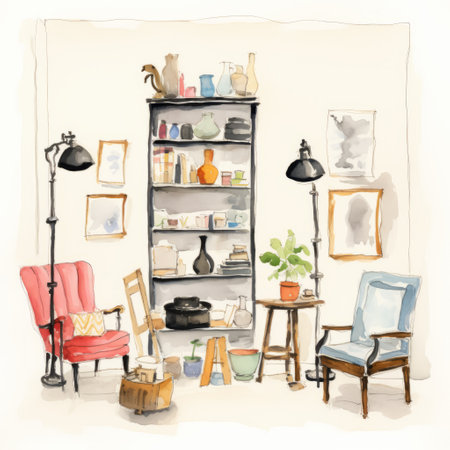 a watercolor drawing of a retro vintage room filled with art and furniture, showcasing elements of industrial and product design. the charming vignettes feature glazed earthenware in light red and light blue, complemented by accents of light yellow and dark black. this unique composition exudes a bibliopunk aesthetic. ai generatedの素材
