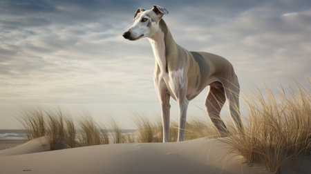 a small greyhound stands on top of a dune, surrounded by sandy terrain. the image, created in the style of daz3d, features a soft-focus portrait of the dog. the smooth and polished rendering showcases richly colored skies in shades of dark beige and white. the overall aesthetic has an anglo gothic influence, with hints of light red and light indigo. ai generatedの素材