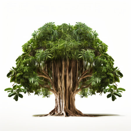 a photo of a tree with lush green leaves and a vine, set against a background reminiscent of hyper-realistic animal illustrations. the scene exudes an enigmatic tropical vibe, with hints of giant money sculptures and constructivist roots. the composition evokes the aesthetic of a national geographic photo, with a play of light in shades of white and brown. this image captures the essence of tropicalの素材