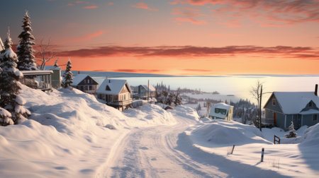 winter cottages line the snowy shore in this stunning national geographic photo by adam paquette. the terragen style adds a touch of magic to the scene, with light red and orange hues contrasting against the light white and sky-blue tones. the fantastical street is captured through the lens of a helios 44-2 58mm f2, creating a captivating winter landscape. ai generatedの素材