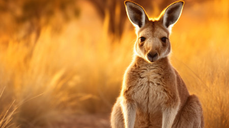 kangaroo sitting in a grassy field at sunset, showcasing detailed facial features. the light casts a warm amber and gold hue on its fur, creating a stunning visual. this close-up shot, taken with spot metering, captures the kangaroo's essence in a surprisingly absurd manner. a perfect blend of nature and artistry, this photo is a testament to the capabilities of rtx technology. ai generatedの素材