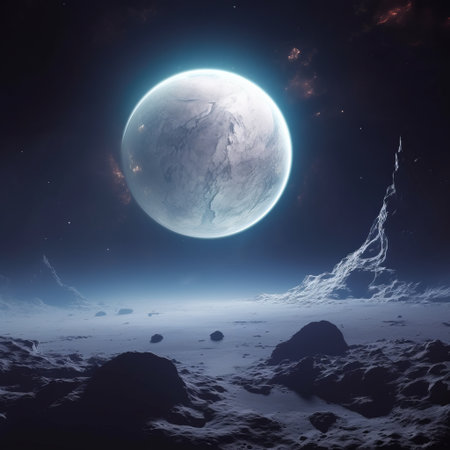 a space scene featuring a moon-like landscape with moon rocks and an extraterrestrial environment. the image showcases delicate fantasy worlds with a combination of dark silver and light cyan hues. the dreamlike realism creates a captivating atmosphere reminiscent of frostpunk. the cosmic jester adds an element of intrigue, while the lens flare enhances the sci-fi realism. ai generatedの素材