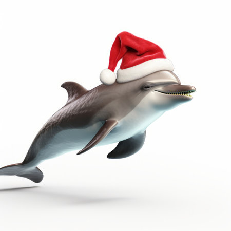 a 3d model of a dolphin wearing a santa hat, captured in a motion blur style with a matte photo effect. the playful use of perspective adds a creative touch to this realistic and detailed rendering. this image is available under a creative commons attribution license and showcases a playful and ironic twist. ai generatedの素材