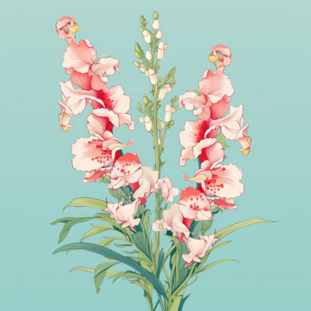 two snapdragon flowers gracefully bloom against a soft pink backdrop, showcasing the delicate beauty of nature. this hand-drawn illustration combines the elegance of classic japanese simplicity with the rich hues of light aquamarine and gold. inspired by thai art and historical illustrations, it creates a captivating contrast of values, capturing the essence of these enchanting flowers. ai generatedの素材