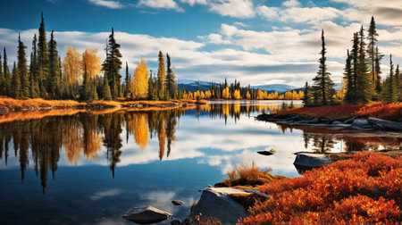 a serene lake in the tundra, surrounded by vibrant teak trees in full autumn splendor. the calm water reflects the vibrant colors, creating a tranquil scene that evokes a sense of serenity and appreciation for the beauty of nature during the fall season. shot during golden hour, the soft, warm light illuminates the tundra, enhancing its natural beauty. ai generatedの素材