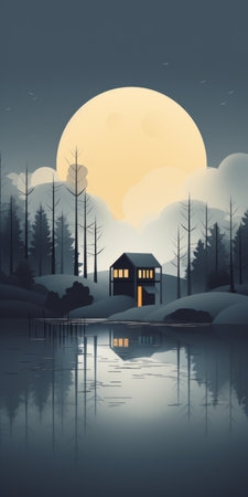 a house nestled in a serene forest at night, depicted in an allegro style vector illustration. this artwork captures the essence of calm waters, atmospheric and moody landscapes, mid-century illustration, animated gifs, monochrome painting, environmental portraiture. the color palette features light yellow and dark gray, adding depth and intrigue to the scene. ai generatedの素材