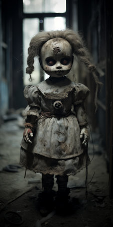 a doll, placed in an old and decaying room, is captured in this detailed atmospheric portrait. the image showcases elements of foampunk and toycore aesthetics, with a focus on natural fibers. the low resolution adds to the overall skeletal and war photography-inspired feel of the photograph. ai generatedの素材