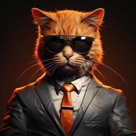 a cat, dressed in a suit and sporting sunglasses, is depicted in a hyper-detailed, realistic style. the image showcases a unique blend of corporate punk and heistcore aesthetics, with a dark orange color scheme. the cat stands out against a backdrop of realistic still lifes, featuring dramatic lighting. this artwork seamlessly combines animals and people, incorporating simplistic characters into the composition. ai generatedの素材