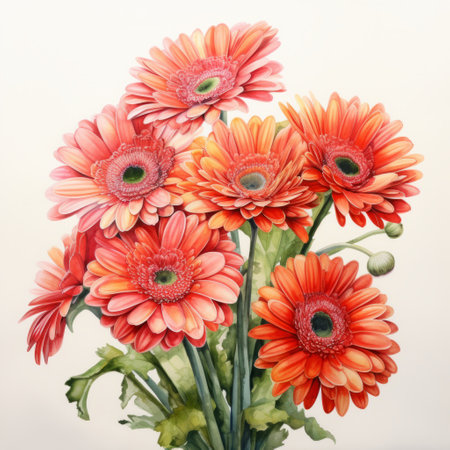 a vase of orange flowers sits prominently on a white background, resembling the style of realistic figurative paintings. created by marguerite blasingame, the flowers showcase shades of light red and pink. the artwork captures the essence of photorealistic wildlife art and realistic watercolor paintings, with symmetrical arrangements and meticulous attention to detail. ai generatedの素材