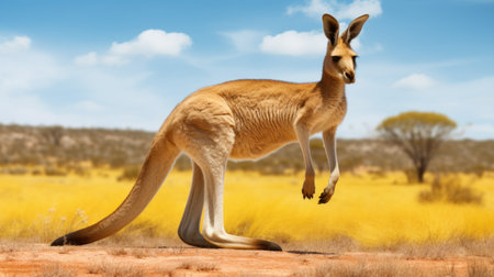 a kangaroo stands in a field, showcasing a hyper-realistic rendering in the style of daz3d. the desertwave theme adds a touch of vibrancy to the scene, while the bird studies influence can be seen in the attention to detail. the artwork by arthur sarnoff captures the kangaroo's essence, with jump cuts adding a dynamic element. the color palette features light red and yellow tones, enhancingの素材