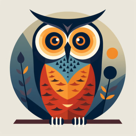 an owl in the wild watercolor illustration featuring pop art flat colors. this simplistic vector art showcases a dark navy and light amber color palette. the mid-century style adds a touch of nostalgia, while the vibrant color blocks and circular shapes create a visually striking composition. the illustration also incorporates elements of americana iconography. ai generatedの素材
