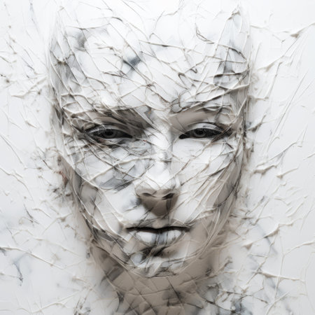 a clay face sculpture covered with paper towels, showcasing a futuristic fragmentation style. the double exposure technique adds depth and dimension to the piece, reminiscent of fluid glass sculptures. the elegant realism of the sculpture is enhanced by soft-focus portraits, while cracked and streaked textures add an intriguing touch. ai generatedの素材