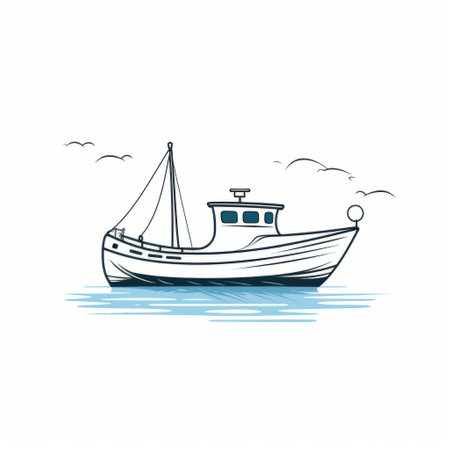 a black and white vector illustration of a fishing boat, featuring flawless line work and a minimalist composition. the style is reminiscent of traditional animation, with light teal and navy colors adding a muted and minimalist touch. the linear illustrations showcase a light sky-blue and brown color scheme. ai generatedの素材