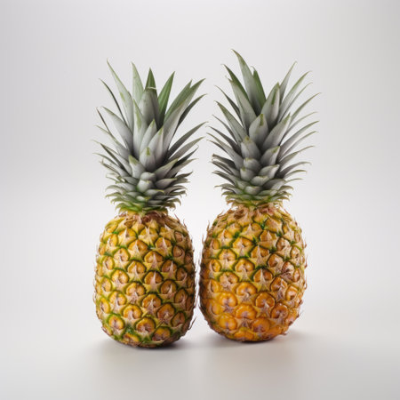 pineapple fruit isolated on white, featuring a realistic still life composition with dramatic lighting. the photo showcases vray tracing and photo-realistic techniques, resulting in a two-dimensional, symmetrical image. the pineapple is depicted with realist lifelike accuracy, and selective focus adds depth to the overall composition. ai generatedの素材