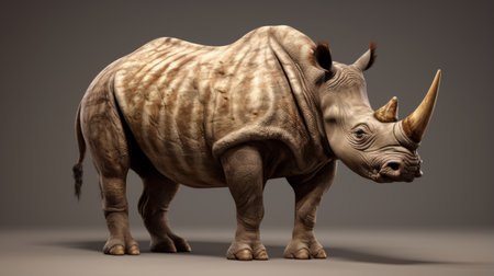a rhino is depicted against a grey background in this daz3d-style photograph. the image, reminiscent of national geographic, showcases the rhino's creased skin and features finely rendered textures in light brown and white. the bold chromaticity and 32k uhd resolution enhance the visual impact of this captivating wildlife portrait. ai generatedの素材