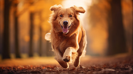 a golden retriever dog running through the woods, captured in a photo-realistic style using vray tracing. the warm color palette, consisting of light crimson and gold, enhances the vibrant energy of the scene. the strong facial expression of the dog adds to the captivating nature of the image. this photograph skillfully captures the essence of suburban ennui. ai generatedの素材