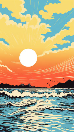 vintage watercolor painting of a sunrise with a sun behind the ocean. this artwork showcases the style of woodcut and linocut, featuring flat illustrations, vibrant comics, woodblock prints, bold outlines, and flat colors. the birds-eye-view perspective adds depth to the woodcut-inspired graphics. ai generatedの素材