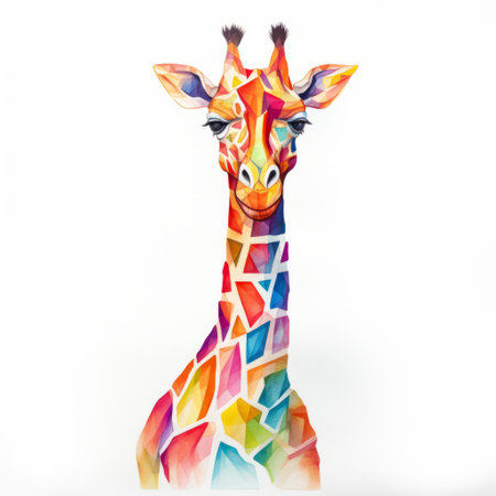 a vibrant watercolor painting of a giraffe is showcased on a white background. the image features a unique style with colorful geometric shapes, reminiscent of recycled material murals. the artwork stands out with its vibrant color blocks and subtle tonal values, making it a contest-winning piece. the emphasis on character design adds to the overall appeal of this captivating image. ai generatedの素材